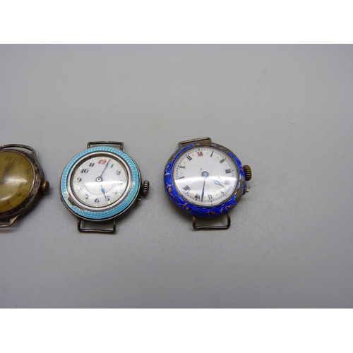 1079 - Three silver wristwatches, enamel a/f