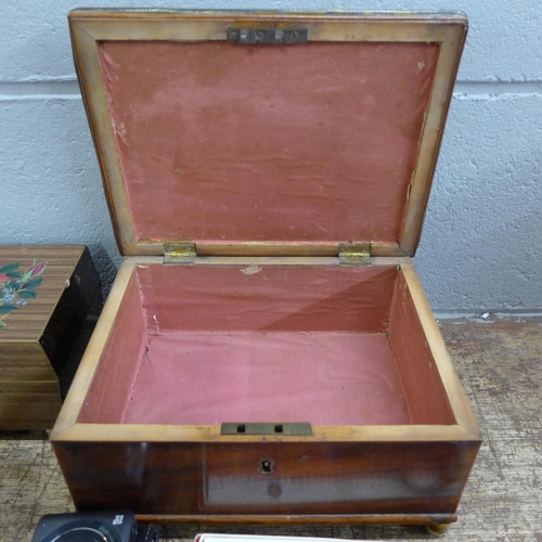 1093 - An early 1900's work box, a jewellery box, shears, Olympus digital camera, oriental doll, Hummel fig... 