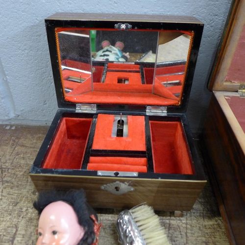 1093 - An early 1900's work box, a jewellery box, shears, Olympus digital camera, oriental doll, Hummel fig... 