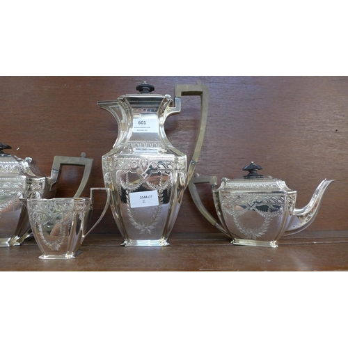 601 - An EPNS hand engraved five piece tea set, stamped RGD no. 23277, for 1885