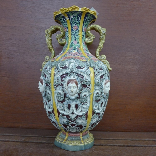 607 - An English majolica baroque vase with raised decoration, rim a/f, 29.5cm
