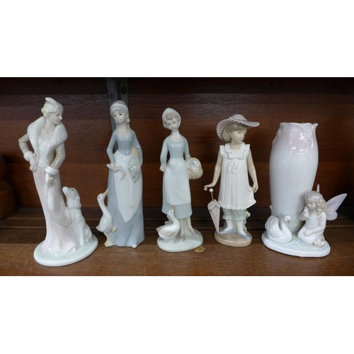 627 - Five porcelain figures of girls including one Nao