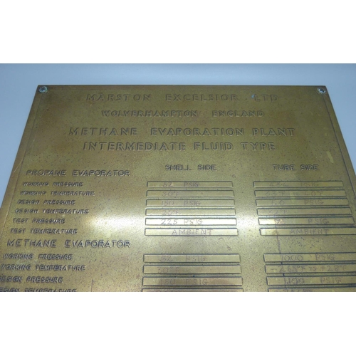 675 - A brass plaque embossed with technical listings, Marston Excelsior Ltd., military interest, (the Com... 