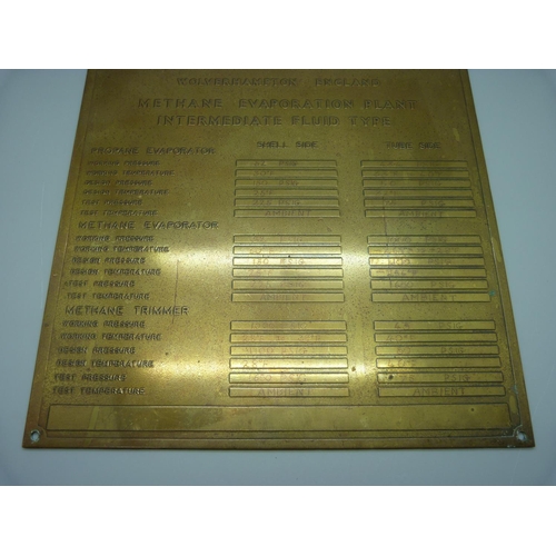 675 - A brass plaque embossed with technical listings, Marston Excelsior Ltd., military interest, (the Com... 