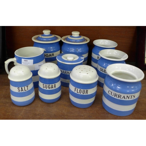 689 - Ten items of TG Green blue and white Cornishware storage jars, three lacking lids