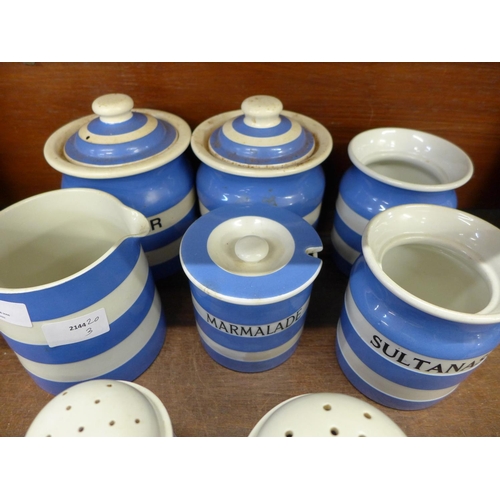 689 - Ten items of TG Green blue and white Cornishware storage jars, three lacking lids