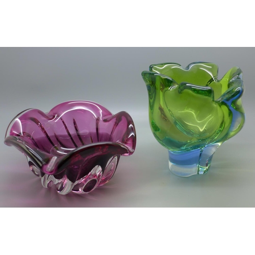 698 - Two heavy coloured glass vases