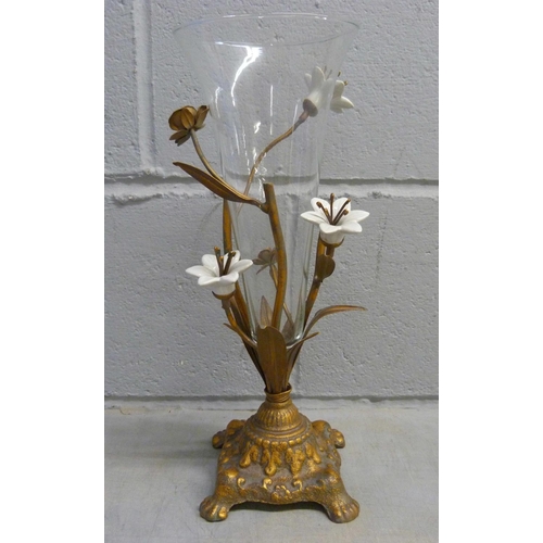 710 - A French Belle Epoque trumpet vase, circa 1900 with removable glass vase, gilt metal and embellished... 
