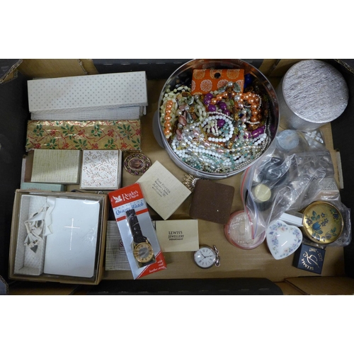 723 - A box of costume jewellery, compact, pots, Bible, etc.