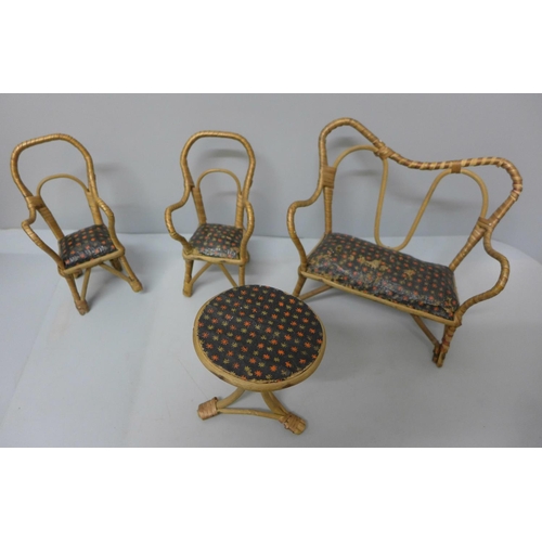 728 - Antique Victorian dolls furniture; two chairs, sofa, table, height of chair 6
