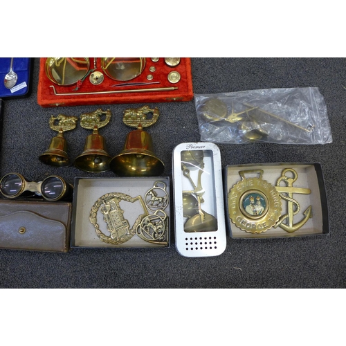 736 - A cased set of balance scales, two other scales, a cased drawing set, a pair of opera glasses marked... 