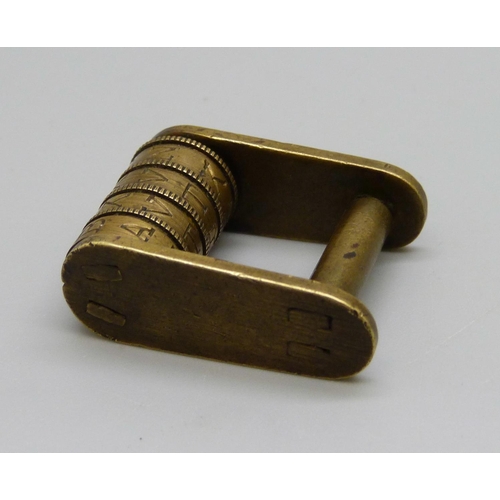 745 - A Victorian four-barrel alphabet/letter combination brass padlock, weight 29g, dimensions 34mm x 23m... 