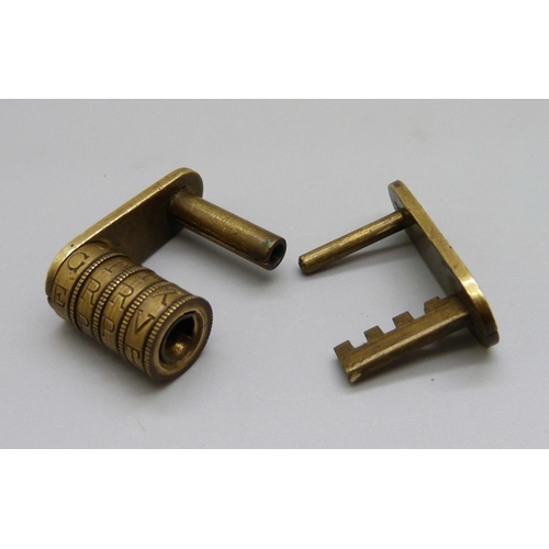 745 - A Victorian four-barrel alphabet/letter combination brass padlock, weight 29g, dimensions 34mm x 23m... 