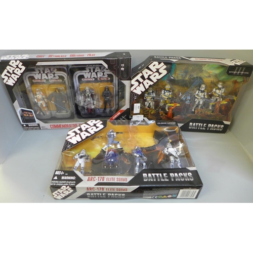 767 - Three Star Wars Battle Packs; Betrayal On Felucia, Arc 170 Elite Squad and Commemorative Tin Collect... 