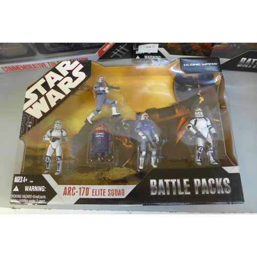 767 - Three Star Wars Battle Packs; Betrayal On Felucia, Arc 170 Elite Squad and Commemorative Tin Collect... 