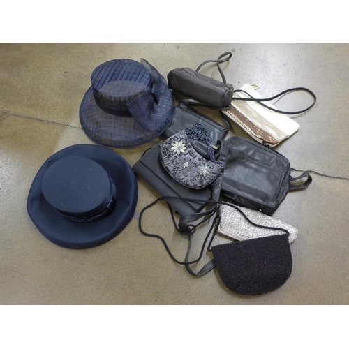 791 - A collection of handbags, evening purses and two hats