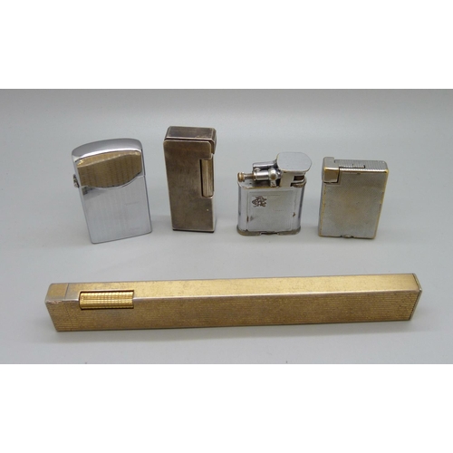 837 - Five cigarette lighters including a Beacon Roller and one Italian made