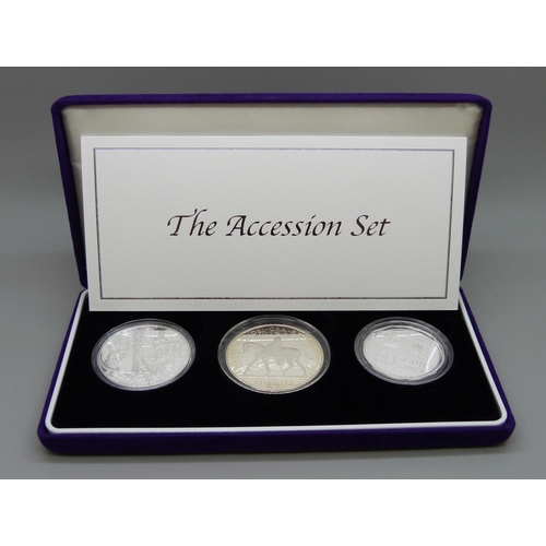 840 - A 2002 The Accession Set, three silver proof coins, Canada, Australia and Great Britain, cased