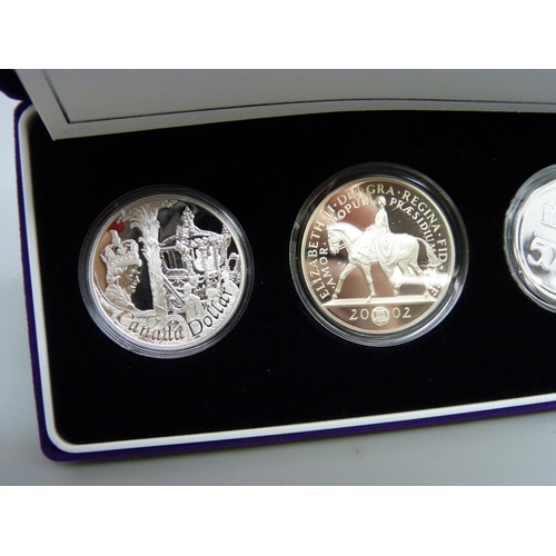 840 - A 2002 The Accession Set, three silver proof coins, Canada, Australia and Great Britain, cased