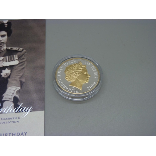 845 - A Royal Mint 2006 Jersey 80th Birthday silver proof £5 coin with fine .999 gold selective plating