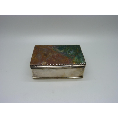 852 - A white metal box with agate set top, total weight 190g, 10.5cm wide