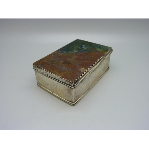 852 - A white metal box with agate set top, total weight 190g, 10.5cm wide