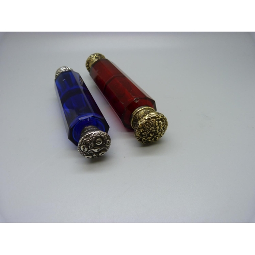 861 - A cranberry glass double scent bottle, 13.5cm, and a similar Bristol blue glass scent bottle