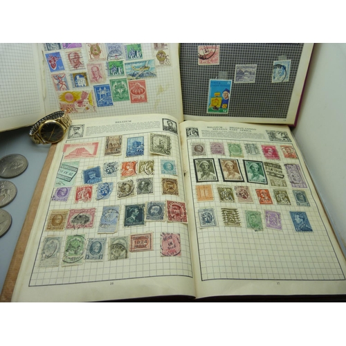 871 - Three stamp albums, two from 1937 and one from 1980's, three coins and a Smiths De Luxe wristwatch, ... 