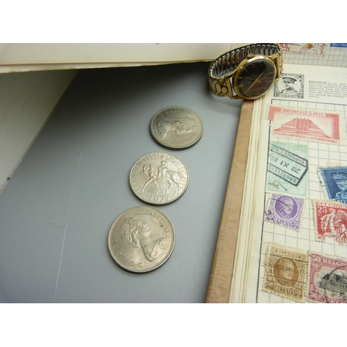 871 - Three stamp albums, two from 1937 and one from 1980's, three coins and a Smiths De Luxe wristwatch, ... 