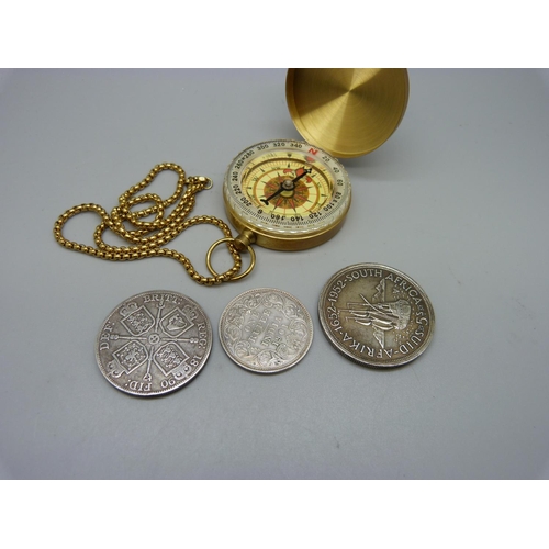 876 - A 1901 India one Rupee coin, a South Africa 5 shillings coin, an 1890 florin and a compass with box ... 