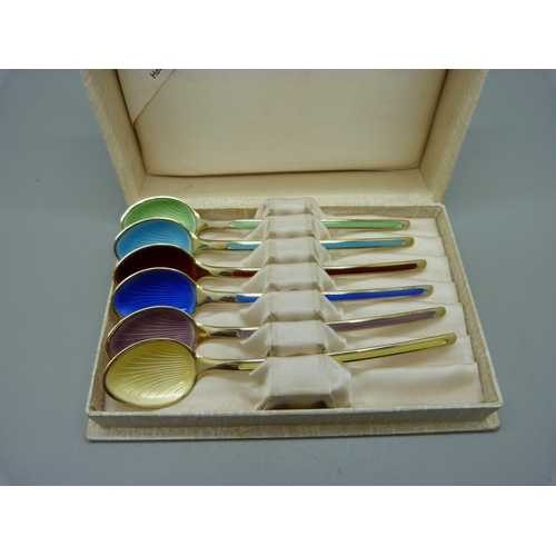 877 - Six silver and enamel spoons, the box marked Trygve Sveen Juveler, Haugesund, (Norway)