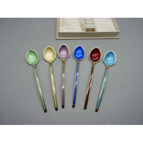 877 - Six silver and enamel spoons, the box marked Trygve Sveen Juveler, Haugesund, (Norway)