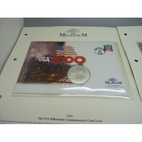 883 - Two The Millennium Coin Cover Series, United States one ounce fine silver dollar and Canada 9999 sil... 