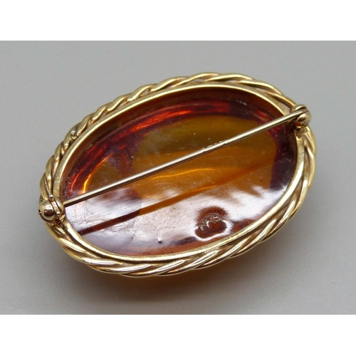 938 - A 9ct gold and amber brooch, 10g, 35mm wide