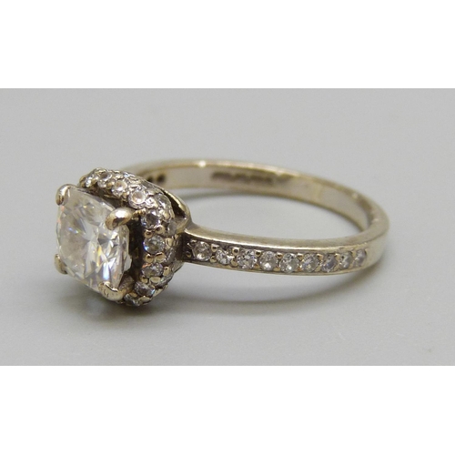 949 - A 9ct white gold, moissanite halo ring, 2.8g, L