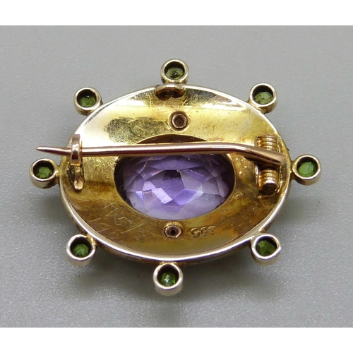 971 - A 9ct gold suffragette brooch, enamelled and set with amethyst, seed pearl and peridot, 5.9g, small ... 