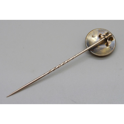 985 - A Victorian yellow metal and old cut diamond stick pin, 3.6g, diameter 18mm