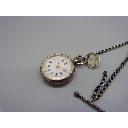 988 - A 935 silver fob watch and an Albertina chain, (lacking clip)