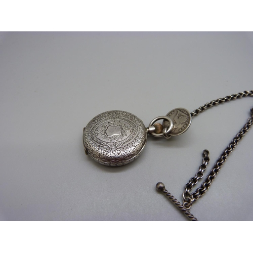 988 - A 935 silver fob watch and an Albertina chain, (lacking clip)