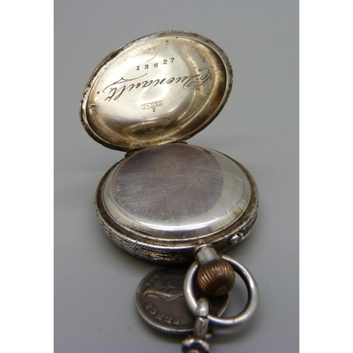 988 - A 935 silver fob watch and an Albertina chain, (lacking clip)