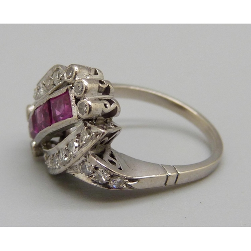 998 - A white metal, diamond and red stone ring, 3.8g, L