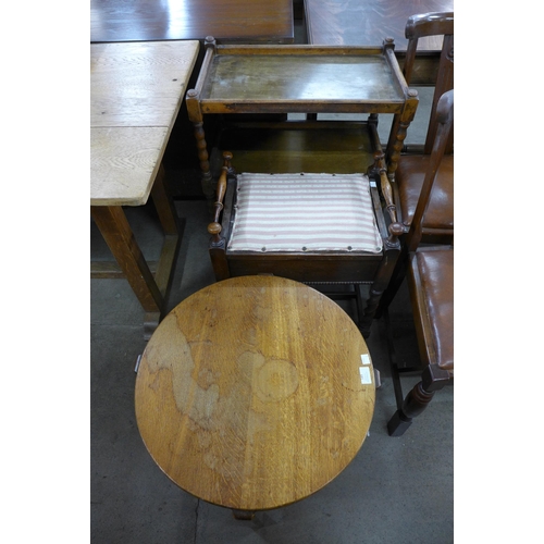 189 - An oak barleytwist trolley, a stool and a circular oak occasional table