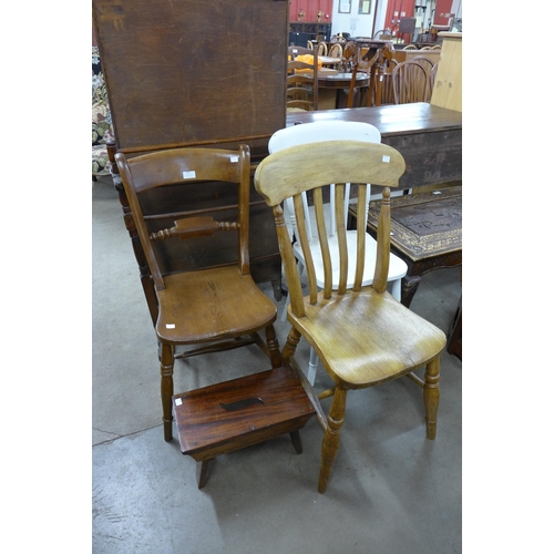 192 - Three Victorian kitchen chairs, a towel rail and a small pine stool