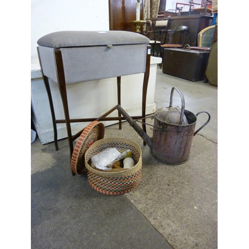 265 - A galvanised watering can, a sewing basket and a sewing table