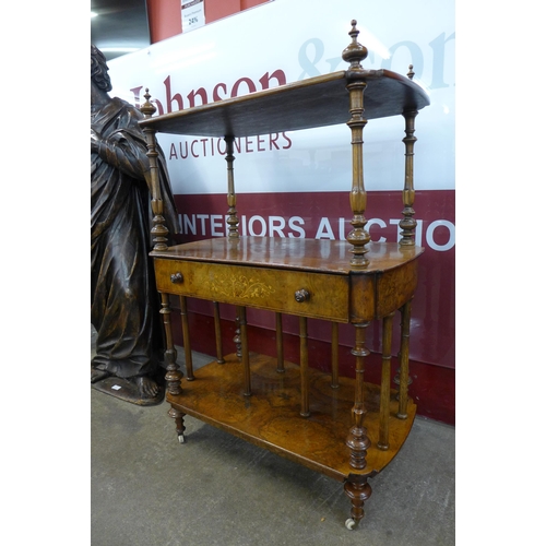 27 - A Victorian inlaid burr walnut three tier whatnot