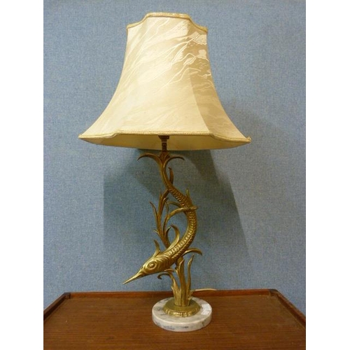 375 - An Italian style brass marlin table lamp, on white marble base