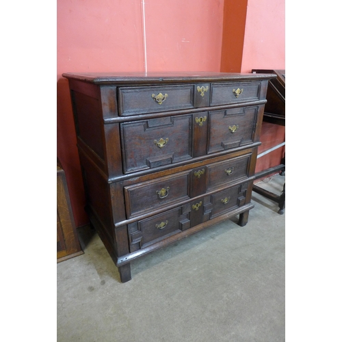 46 - A William III oak geometric moulded chest of drawers, 96cms h, 98cms w, 59cms d