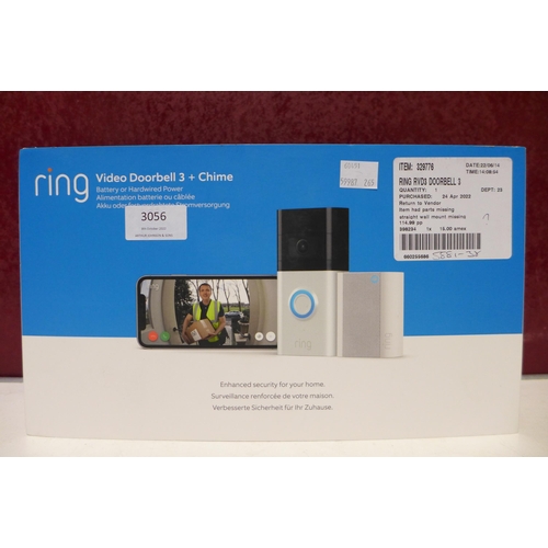 3056 - Ring RVD3 Doorbell 3  With Chime Video, Original RRP £114.99 + VAT  (265-16)   *This lot is subject ... 