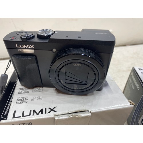 2168a - 3 panasonic digital cameras; lumix dct793, dctz90,dmcdz80 with qty of memory cards