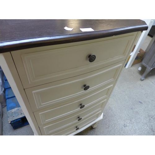 1535 - A white five drawer tall boy with contrasting top